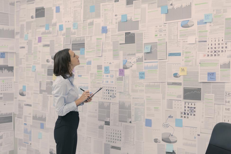 Social Media Ads: Frau vor einer Wand mit vielen Diagrammen